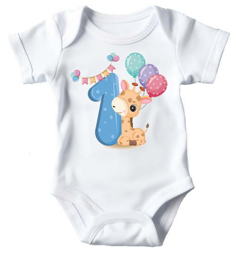 SKU A007 "ROCZEK dla dziewczynki/chłopca z żyrafą i jedynką" Body krótki rękaw Moocha biały