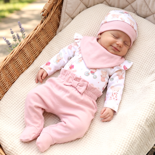 ABK-0053 Komplet niemowlęcy NINI Małe Myszki organic bawełna body półśpiochy czapka