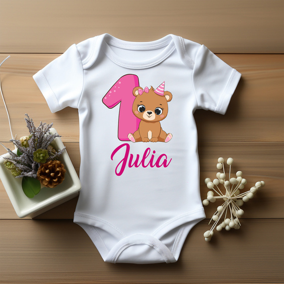 SKU A031 "1 urodziny ROCZEK różowa jedynka" Body krótki rękaw Moocha biały