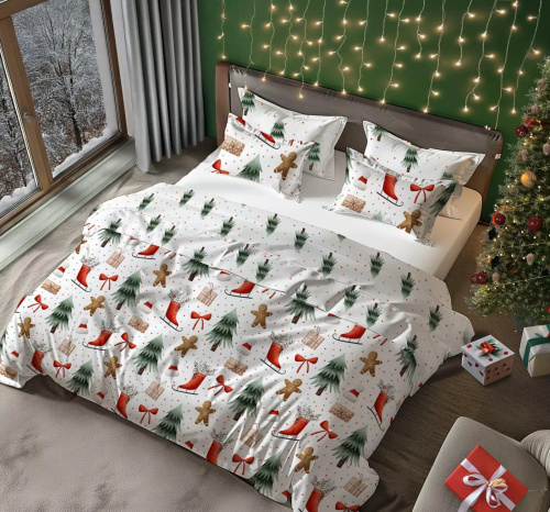 Scandic 078 Pościel świąteczna Scandic Faro biała z choinkami, pierniczkami– dwustronna bawełna 100%, zamek