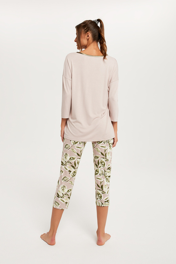 Indonezja Piżama Damska 3/4 rękaw, 3/4 spodnie Italian Fashion - beż/druk