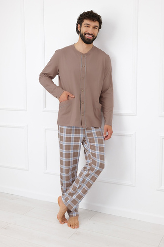 Italian Fashion Wilhelm Piżama Męska 100% Bawełna Guziki Krata - cappuccino