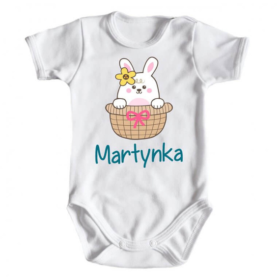 "Wielkanoc – Zajączek w koszyczku z imieniem" Body krótki rękaw Moocha biały