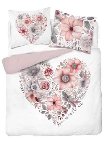 5126 A Pościel bawełniana Holland Detexpol biała z różowym sercem z kwiatów– 100% bawełna, dwustronna, polska produkcja