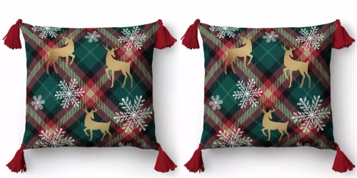 5381 A Poszewka świąteczna dekoracyjna Christmas Deco Detexpol renifery i śnieżynki na tle kratki- zamek błyskawiczny