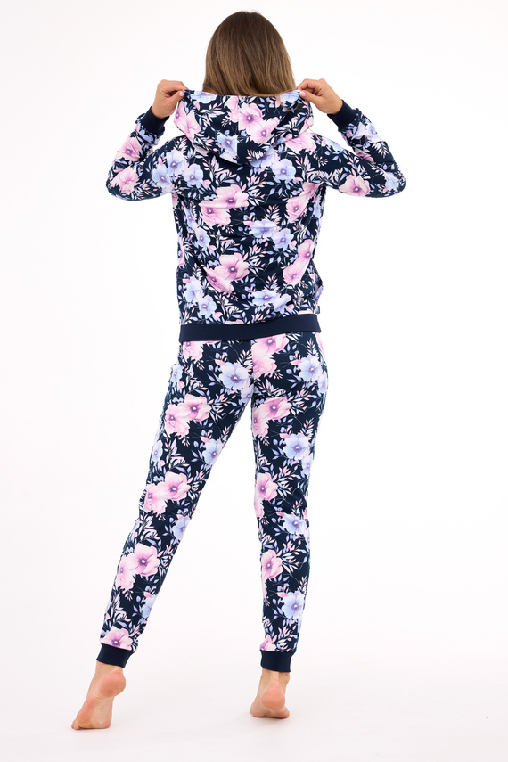 355/464 Maddie Cornette Piżama Damska – Granatowa 3-częściowa Piżama z Bluza w Kwiaty i Kapturem