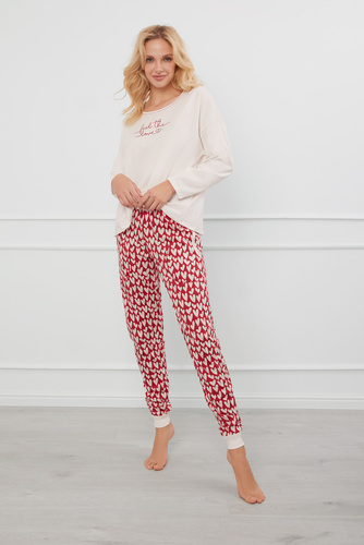 Evora Piżama Damska długi rękaw, długie spodnie Italian Fashion - ecru/druk