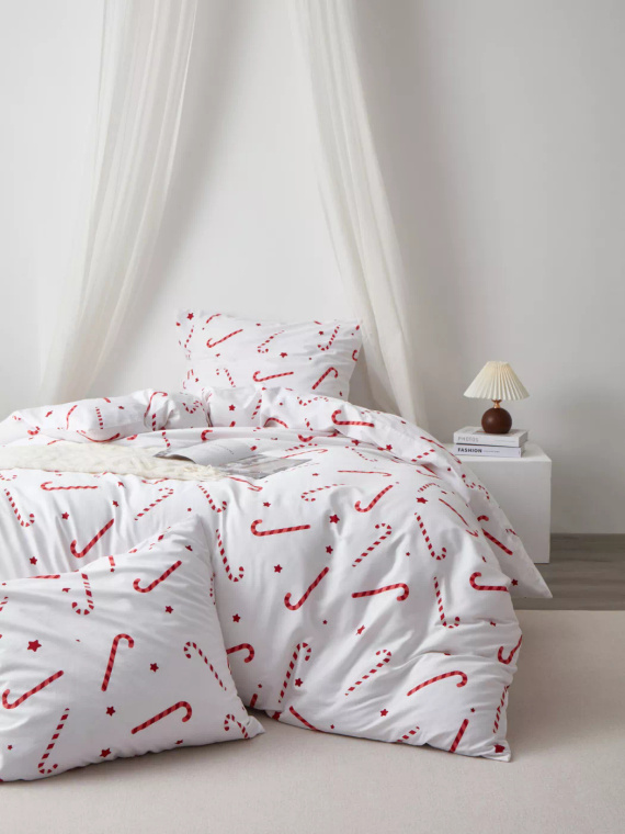 Candycanes Pościel świąteczna bawełniana satynowa Spod Igły i Nitki biała czerwona cukierki – elegancka i miękka
