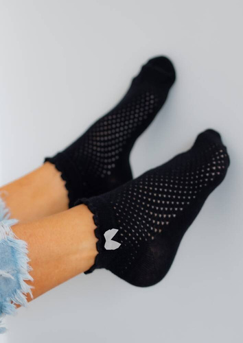 1115 Zakostki Damskie Ażur Milena - czarny-biała kokardka