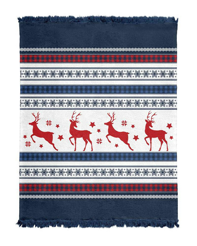 100 JB Koc świąteczny z frędzlami renifery Detexpol granatowy/czerwony
