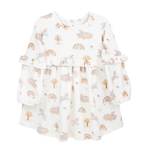 141970 Sukienka długi rękaw Nicol – kremowa bawełniana z jednorożcami