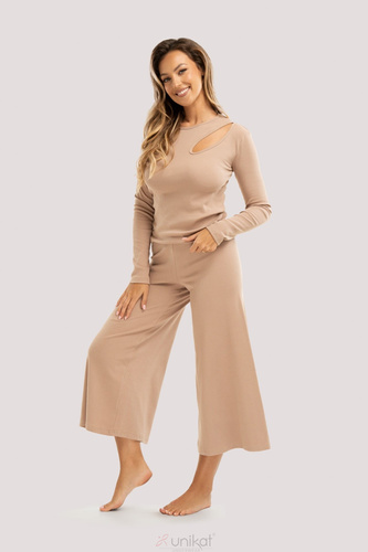 Piżama Zen beżowy– elegancka bawełniana piżama z długim rękawem, 7/8 długość spodni