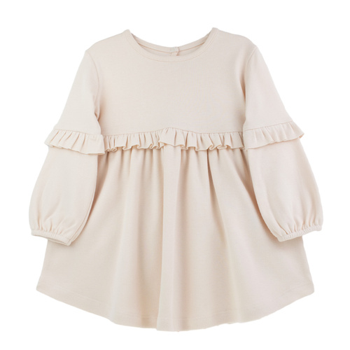 141973 Sukienka długi rękaw Nicol – beżowa, bawełniana, z falbankami