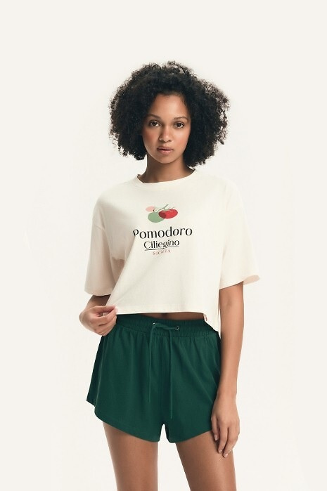 Piżama damska Henderson 43724 Dessie zielona, bawełniana, krótki rękaw, print z pomidorem