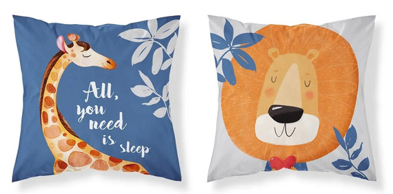 PSBA 23A Mayamoo 26 Poszewka bawełniana Dwustronna Żyrafa Lew Detexpol niebieski