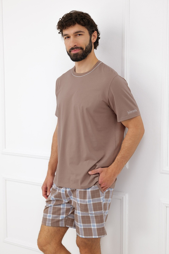 Piżama Męska Italian Fashion Dante Bawełna Krótka Szorty Krata Kieszenie-cappuccino