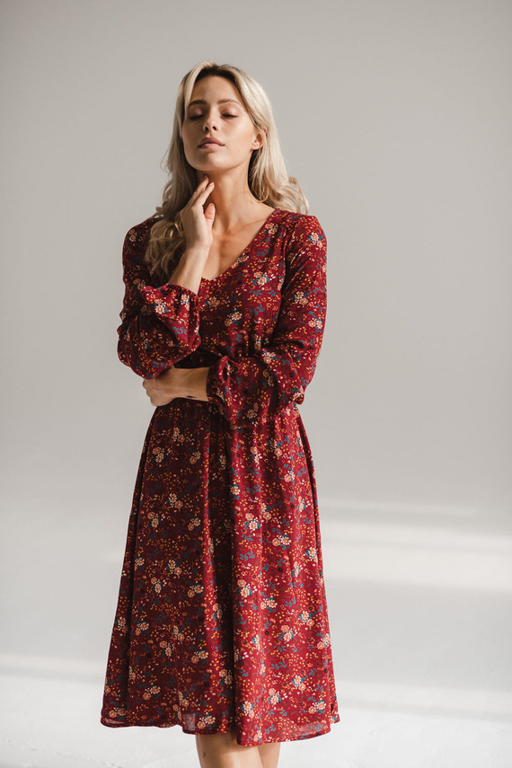 Lovely Dress Midi Sukienka ciążowa i do karmienia Milk&Love – bordowa w kwiaty, długi rękaw