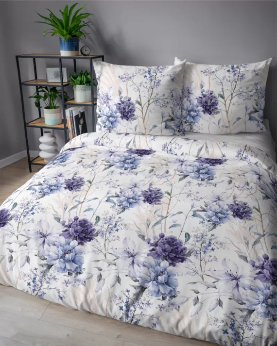 5222 A Pościel satynowa akwarelowe kwiaty w odcieniach lawendy Detexpol 