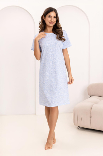169 Koszula nocna Regina niebieska – bawełniana, kwiatowy wzór, półokrągły dekolt
