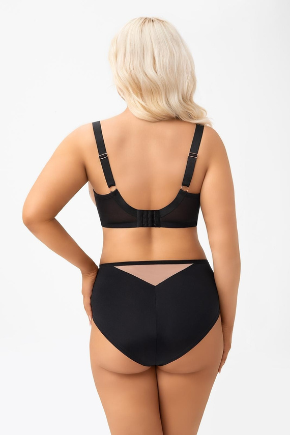 Figi damskie F 001 Lexi Gorsenia czarny– eleganckie figi z wysokim stanem, koronkową wstawką, elastycznym tiulem i ozdobnymi elementami w kolorze różowego złota