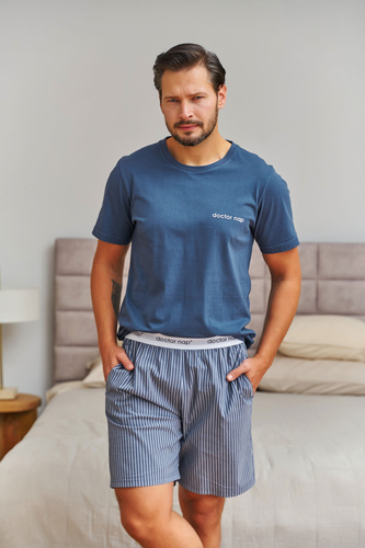 7424 Doctor Nap męska piżama bawełniana denim blue paskowane spodenki