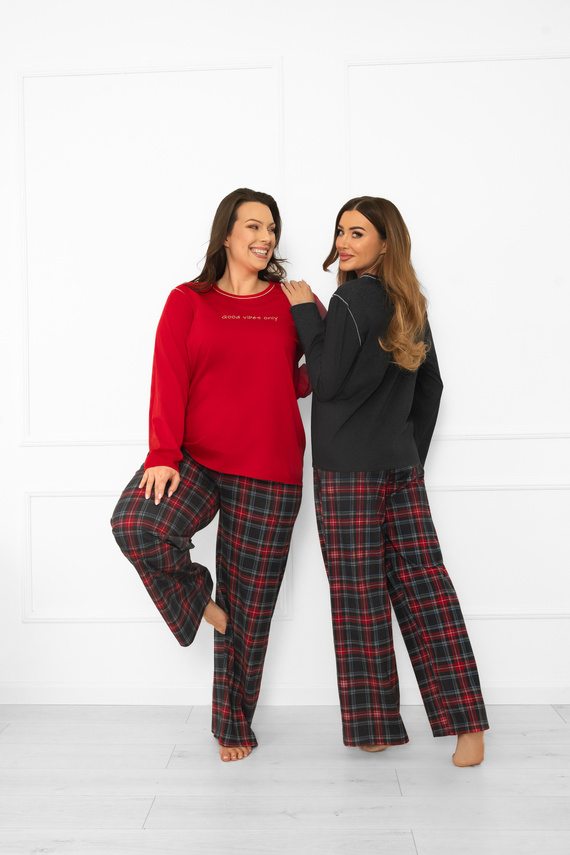 Rozana piżama damska Italian Fashion czerwona– bawełniana, długi rękaw i spodnie, krata 