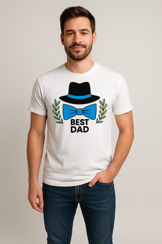 SKU M22 "Best dad z kapeluszem i muszką" Koszulka męska Moocha biały