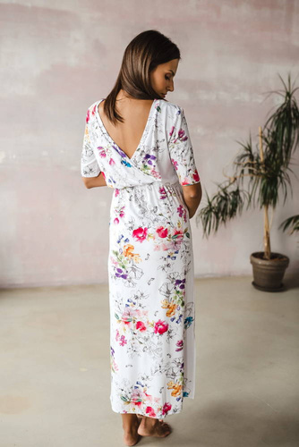 Sukienka ciążowa i do karmienia Two Ways LONG Milk&Love biała w kolorowe kwiaty