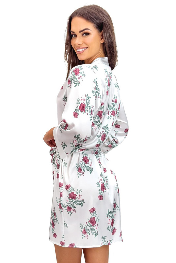 Szlafrok damski Julia ecru donna – delikatna satyna, kwiatowy print, wiązany pasek