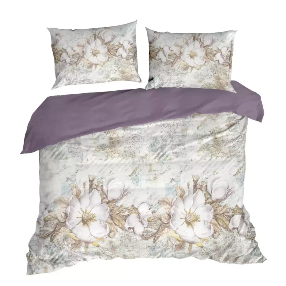 Spring 26 Kwiaty pościel satynowa Eurofirany kremowy/fioletowy