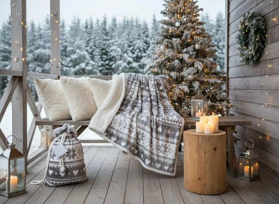 Koc świąteczny SACO szary– miękki i ciepły z norweskim wzorem śnieżynek w ozdobnym worku