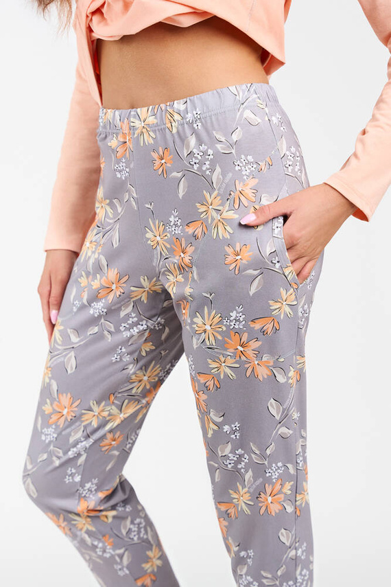 Kasali Piżama Damska długi rękaw i spodnie Italian Fashion - łosoś/druk 