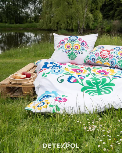 3612 A Pościel bawełniana Łowicka wycinanka kwiaty kurpiowska Detexpol biały/szary