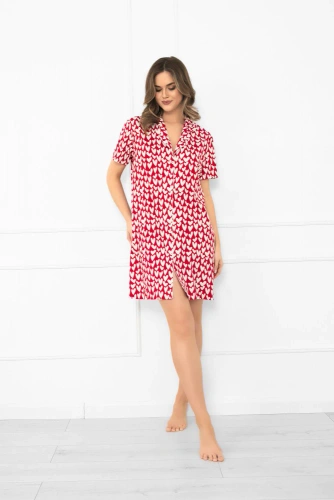 Ksenia Italian Fahion – koszula nocna damska bawełniana w serduszka, rozpinana na guziki, krótki rękaw