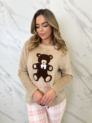 Madlen Piżama damska Sorbetto brązowa  – polarowa, z haftem misia i spodniami w kratkę