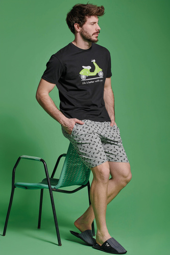 Kenny Piżama męska krótka Sorbetto  – bawełniana z nadrukiem skutera, czarna