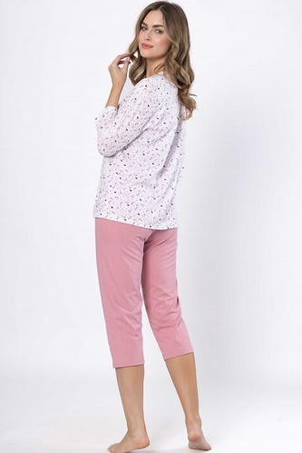 Piżama damska Dobrusia 1636 – różowy bawełna, rękaw 3/4, zapinana na guziki