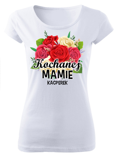 SKU D039 "Kochanej mamie + imię" koszulka damska Dzień Mamy Moocha biały