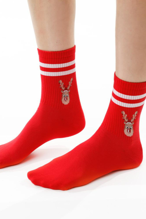 ART.136 Skarpety świąteczne damskie Steven czerwony 118 – bawełniane, ciepłe, zimowy wzór	