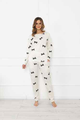 Piżama damska Figaro – ecru, bawełna, długi rękaw + długie spodnie Italian Fashion