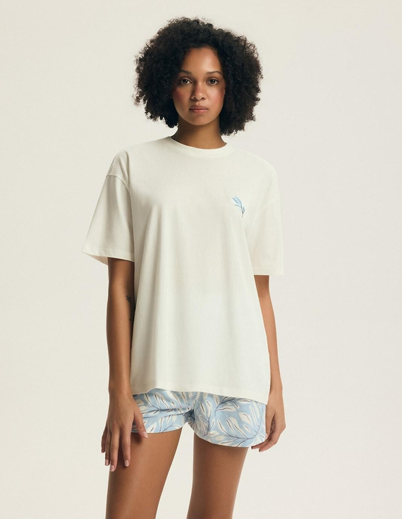 Piżama 44485 Estes kremowa Henderson – Bawełniana, krótki rękaw, haft roślinny