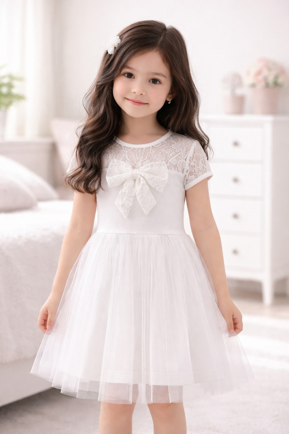 Sukienka dziewczęca Emilka Bambarillo koronka tiul elegancka ecru