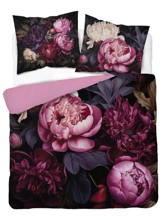 5129 A Pościel bawełniana Holland Detexpol czarna w piwonie w odcieniach bordo i różu – 100% bawełna, dwustronna, polska produkcja