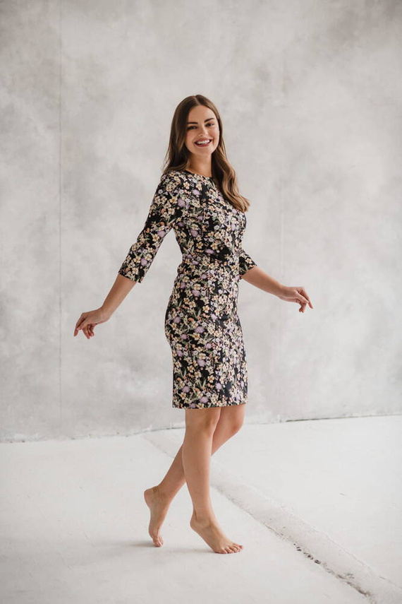 Milky Classic Sukienka do karmienia Milk&Love rękaw 3/4 czarna w kwiatuszki