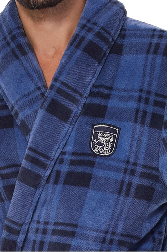 2456 BJ Szlafrok męski L&L navy– miękki, w kratkę z kołnierzem