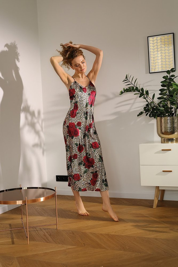 Flowers Halka satynowa długa koszulka damska DKaren - DK-HI6 ecru