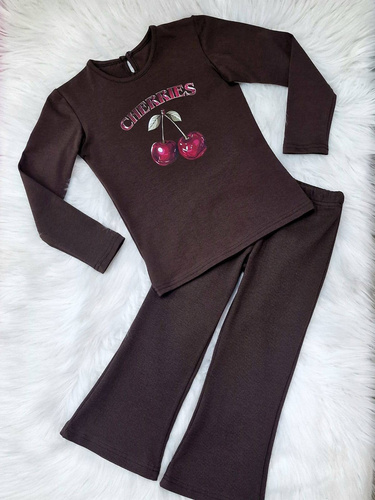 Bluzka dziewczęca Cherries Bambarillo gorzka czekolada– bawełniana, długi rękaw, z nadrukiem