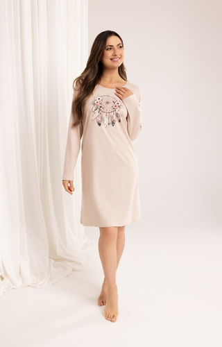 162 Koszula nocna bawełniana Regina beżowy – długi rękaw, nadruk, przed kolano