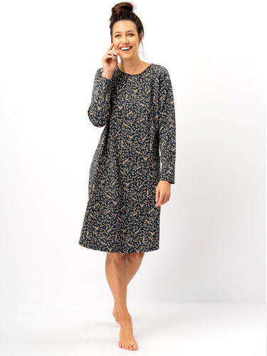 Koszula nocna damska Key LND 707  granatowa– bawełna, długi rękaw, wygodny krój