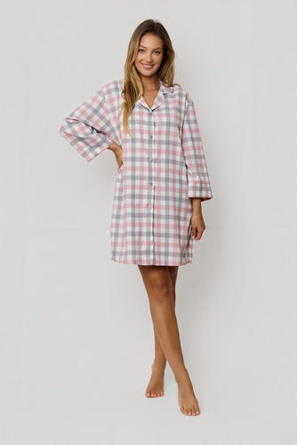 Koszula damska Stella KG80 Mefemi by Nipplex różowy-szary – elegancka koszula w kratę z wysokiej jakości tkaniny, długi rękaw, guziki, rozcięcia po bokach